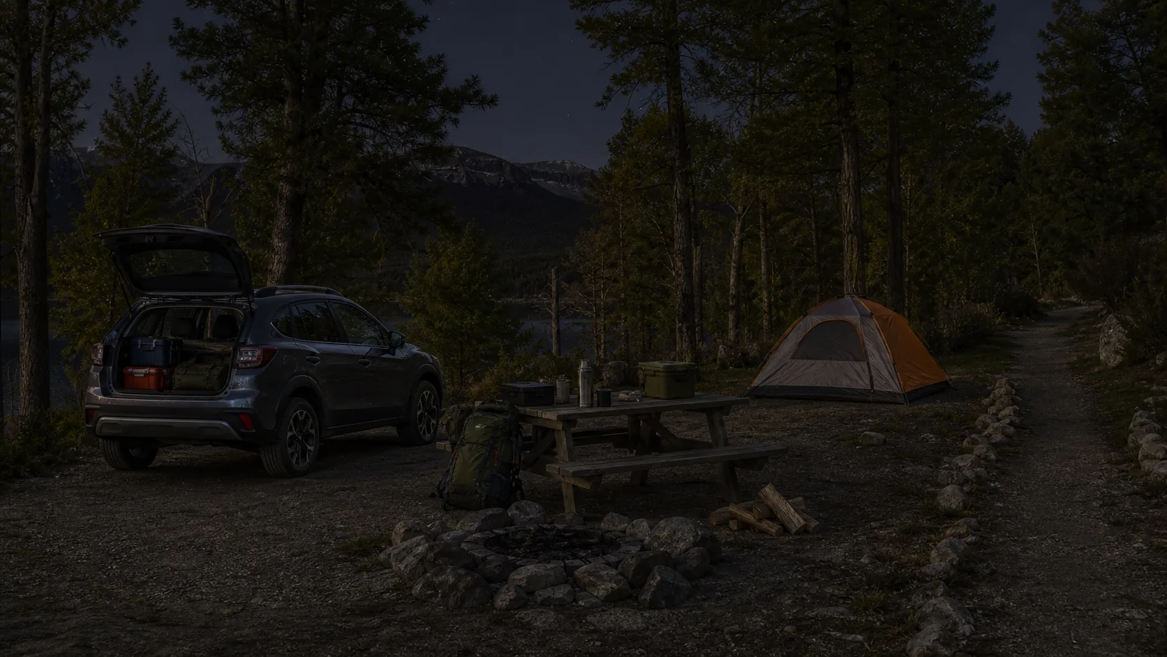 Campamento nocturno con auto, mesa, carpa y sendero
