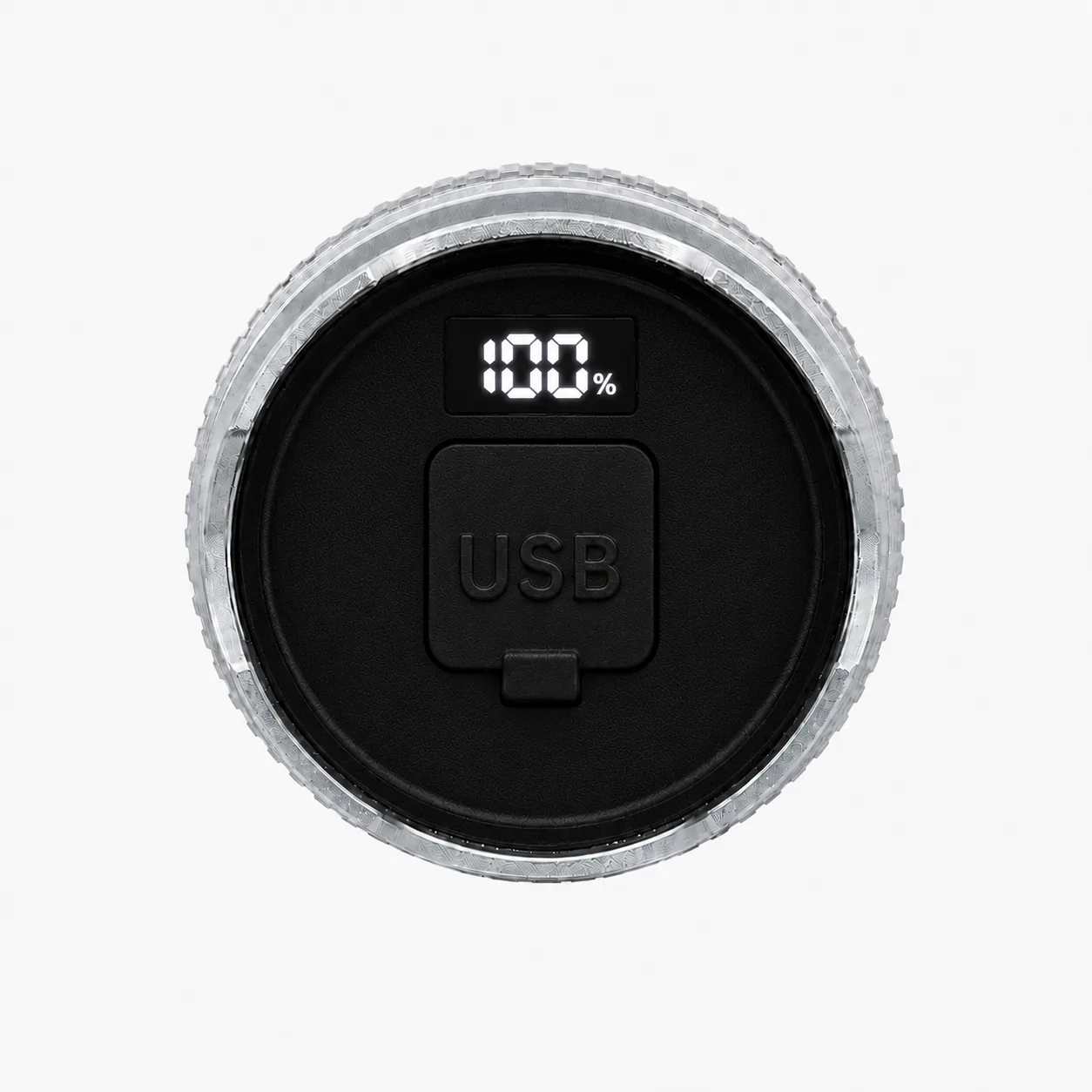 Parte posterior de la linterna con indicador digital de carga y tapa del puerto USB-C